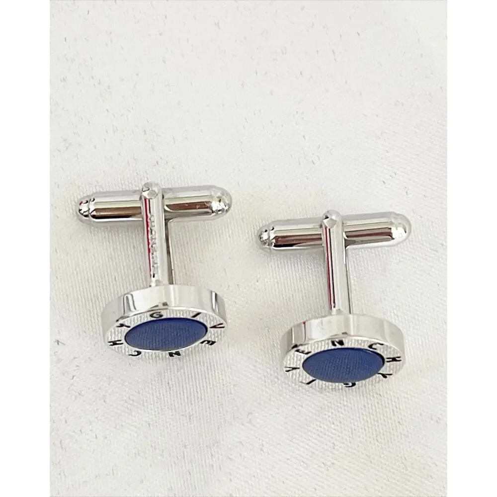 GIVENCHY Cufflinks Round Blue Enamel Polished Silver Tone Frame Brand Logo